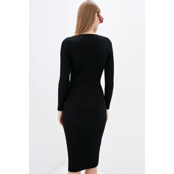 DASTI Bodycon Black Midi Dress Long Sleeve Black Vestido Negro - Picture 4 of 6